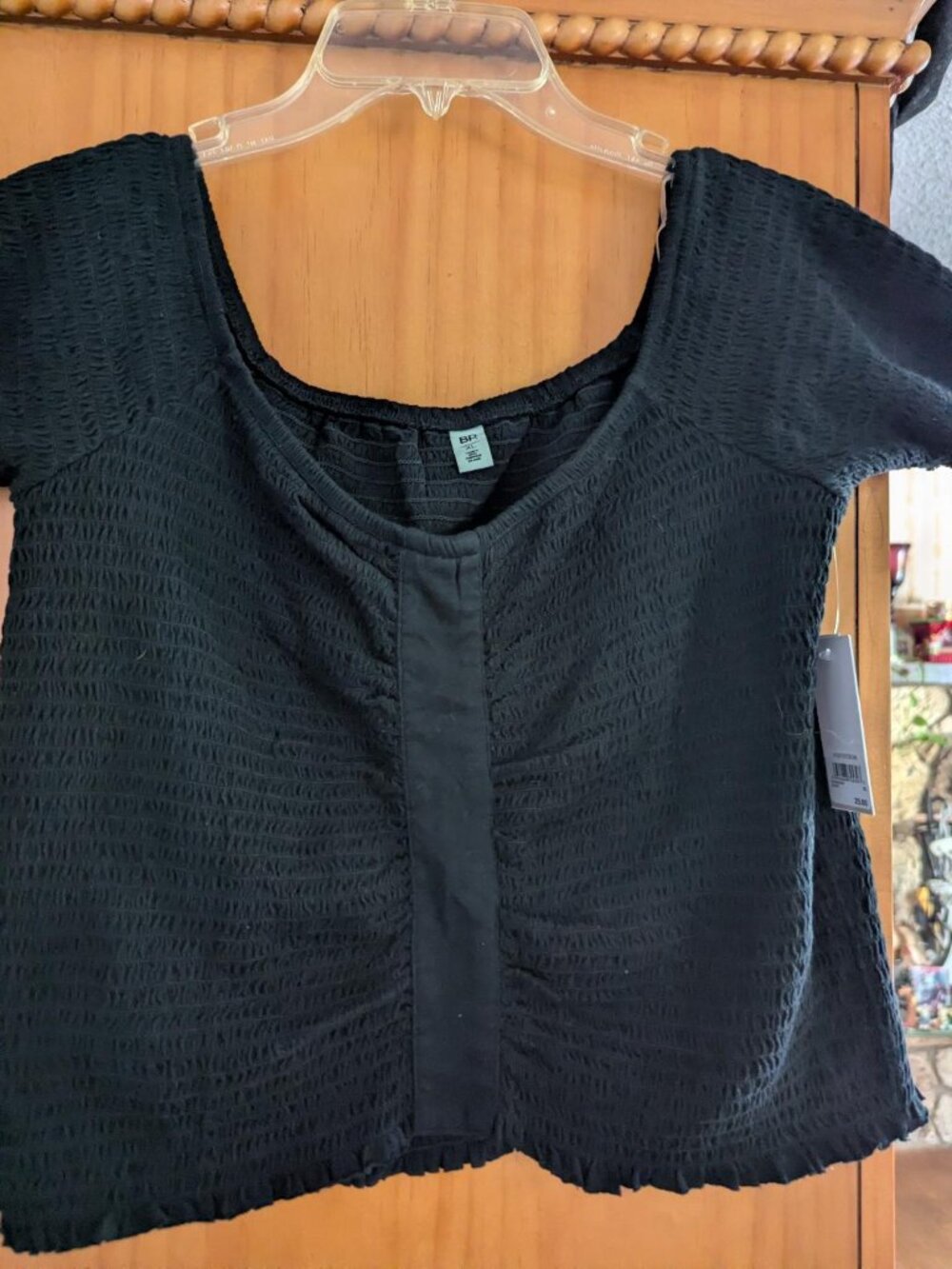 BP Black Smocked Short Sleeve Stretchy Knit Cotton Top Size XL